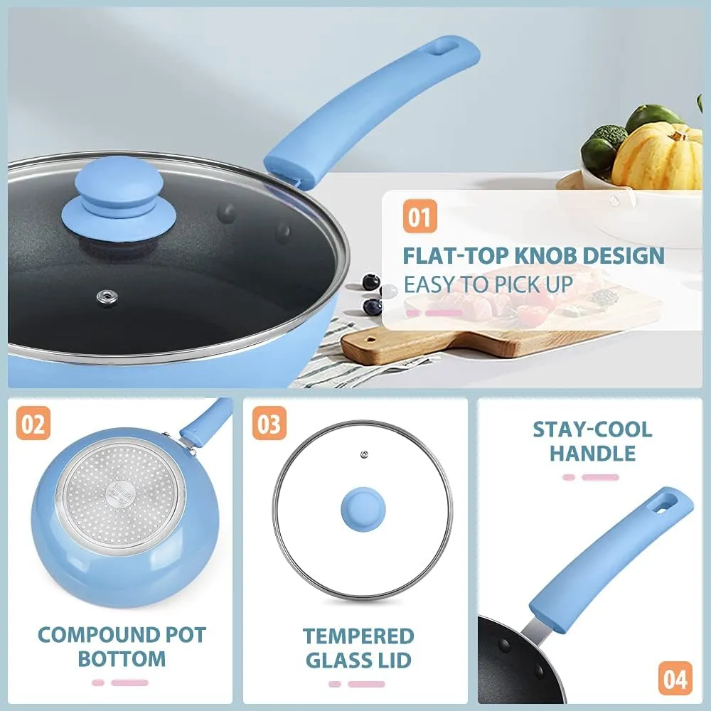 SHINEURI Frying Pans 6 Pieces Nonstick Cookware Set 9.5” and 11” Frying Pan Skillet Pan and Wok with Lid Ceramic Cookware Set