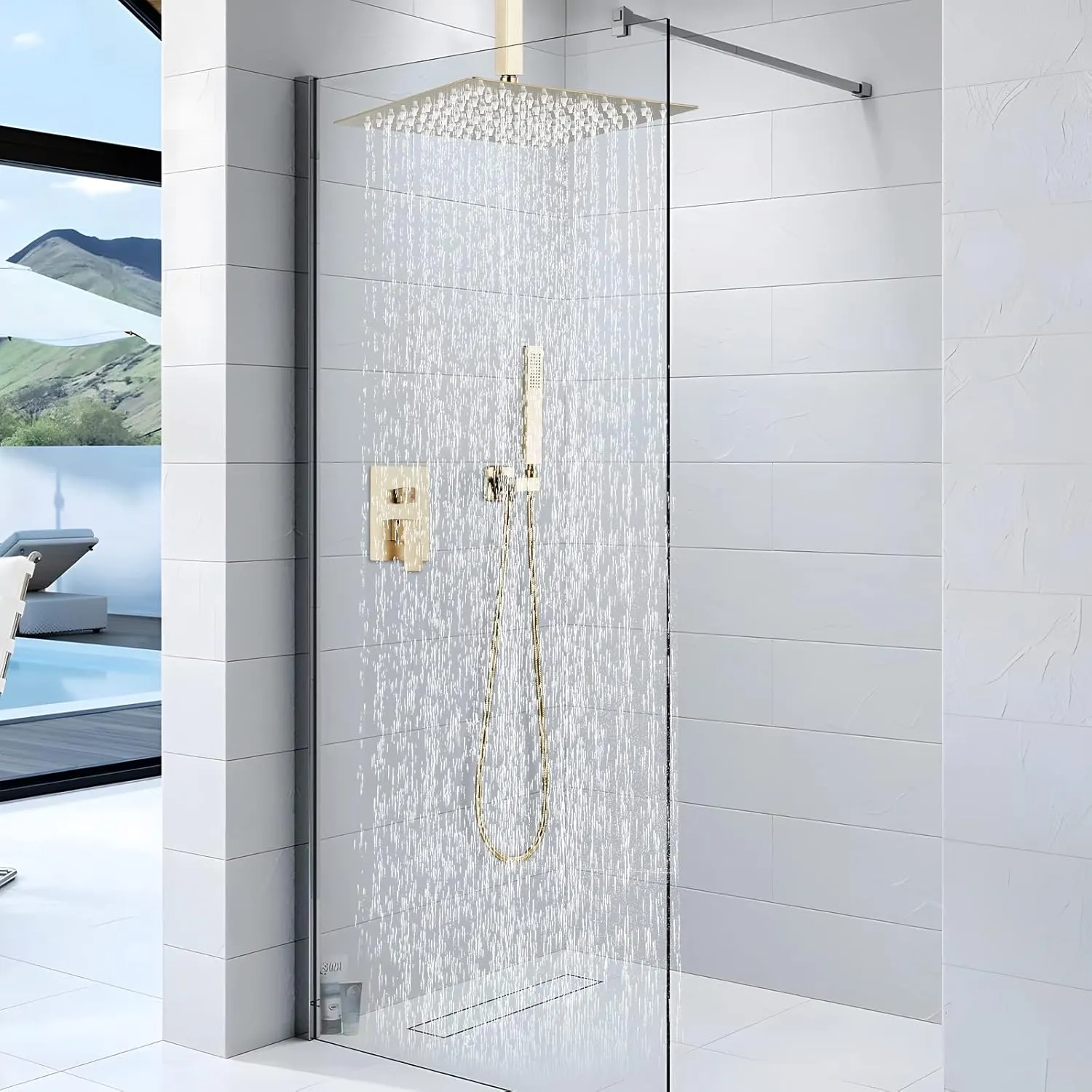 Shower Faucet Set Rain Shower System with 12 Inches Rain Shower Head and Handheld Spray, Bathroom Shower Fixtures Brushed Gold Shower Kit with Brass Valve,Ceiling Mounted