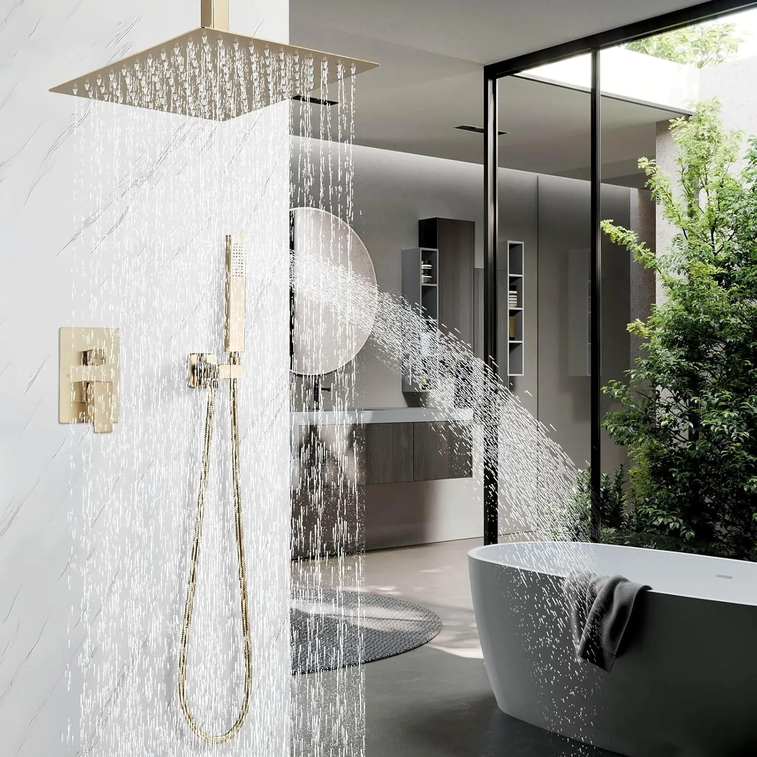 Shower Faucet Set Rain Shower System with 12 Inches Rain Shower Head and Handheld Spray, Bathroom Shower Fixtures Brushed Gold Shower Kit with Brass Valve,Ceiling Mounted