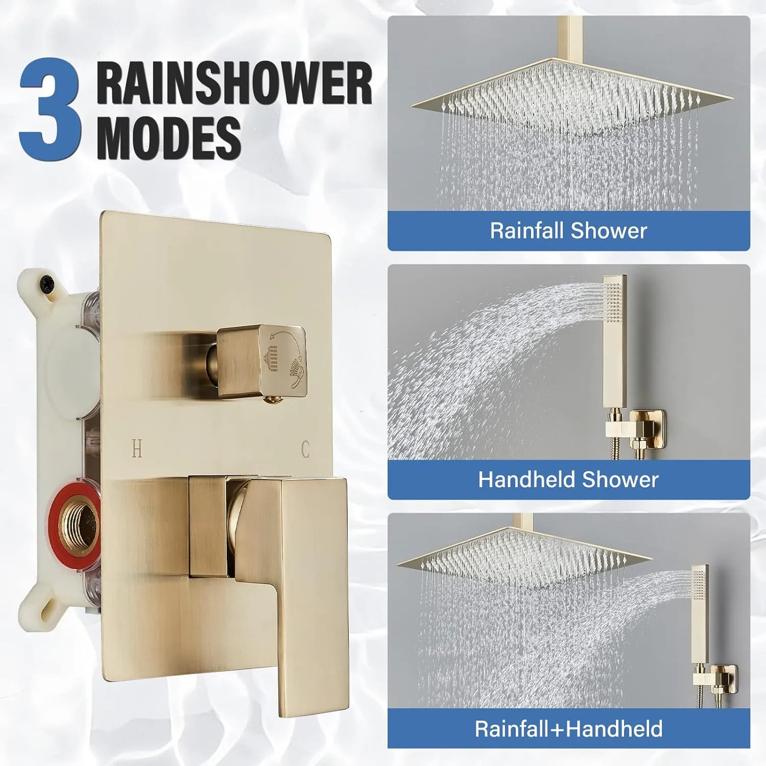 Shower Faucet Set Rain Shower System with 12 Inches Rain Shower Head and Handheld Spray, Bathroom Shower Fixtures Brushed Gold Shower Kit with Brass Valve,Ceiling Mounted