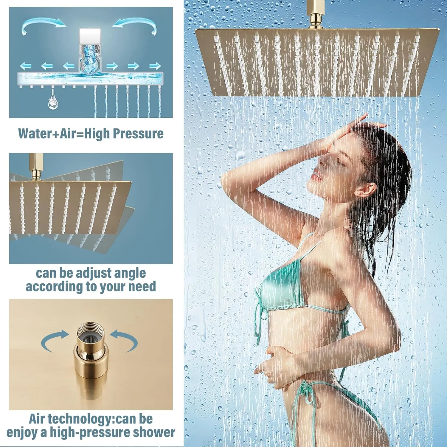 Shower Faucet Set Rain Shower System with 12 Inches Rain Shower Head and Handheld Spray, Bathroom Shower Fixtures Brushed Gold Shower Kit with Brass Valve,Ceiling Mounted