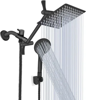 Shower Head, 12‘’ High Pressure Rainfall/Handheld Shower Combo with 11'' Extension Arm, 9 Settings, Anti-leak Shower Head with Holder, Height/Angle Adjustable, Matte Black