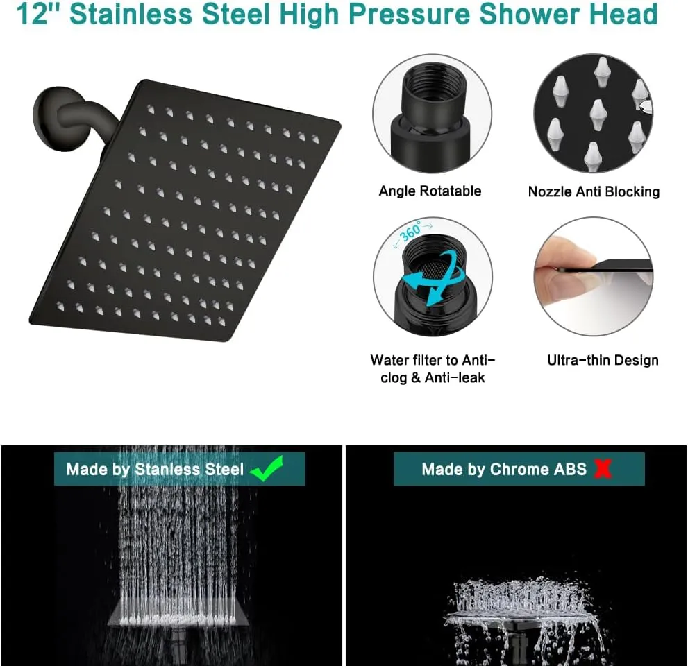 Shower Head, 12‘’ High Pressure Rainfall/Handheld Shower Combo with 11'' Extension Arm, 9 Settings, Anti-leak Shower Head with Holder, Height/Angle Adjustable, Matte Black