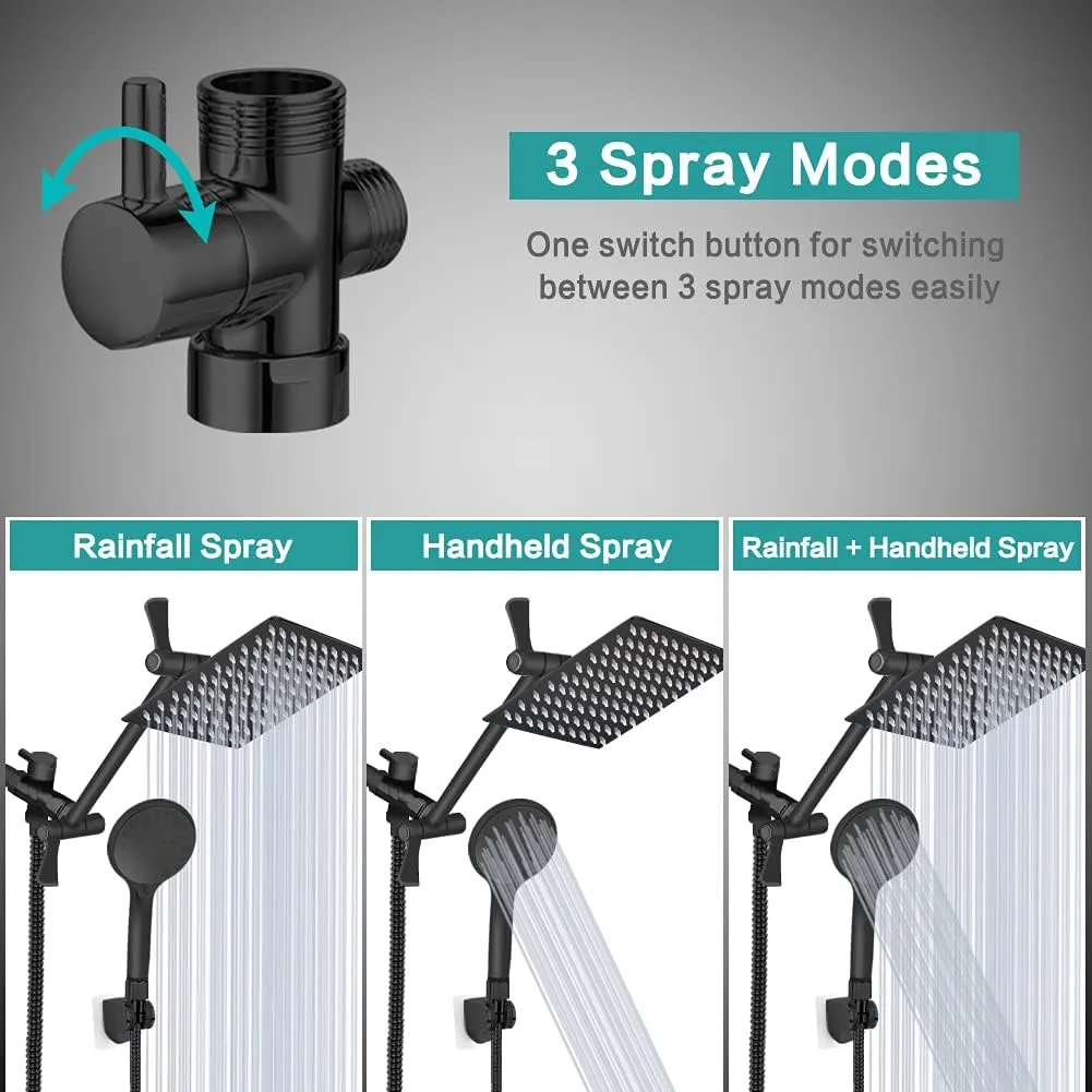 Shower Head, 12‘’ High Pressure Rainfall/Handheld Shower Combo with 11'' Extension Arm, 9 Settings, Anti-leak Shower Head with Holder, Height/Angle Adjustable, Matte Black