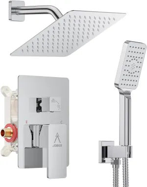 Shower System Modern Rain 8 inches Brass Faucet Set With Valve and Diverter Shower Mixer With Handheld High Pressure Square Rainfall Shower Valve (8'' Wall Mount, Chrome Polished)