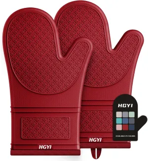 Silicone Oven Mitts, Heat Resistant Oven Gloves with Quilted Liner, Waterproof & Non-Slip Kitchen Mittens for Baking Cooking BBQ, 500°F, 12.5"-Red