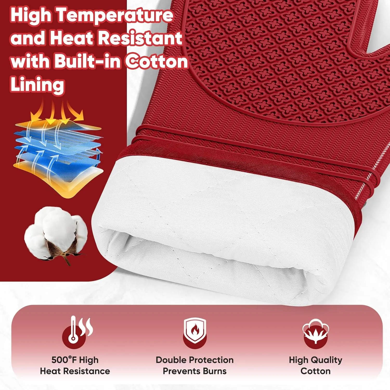 Silicone Oven Mitts, Heat Resistant Oven Gloves with Quilted Liner, Waterproof & Non-Slip Kitchen Mittens for Baking Cooking BBQ, 500°F, 12.5"-Red