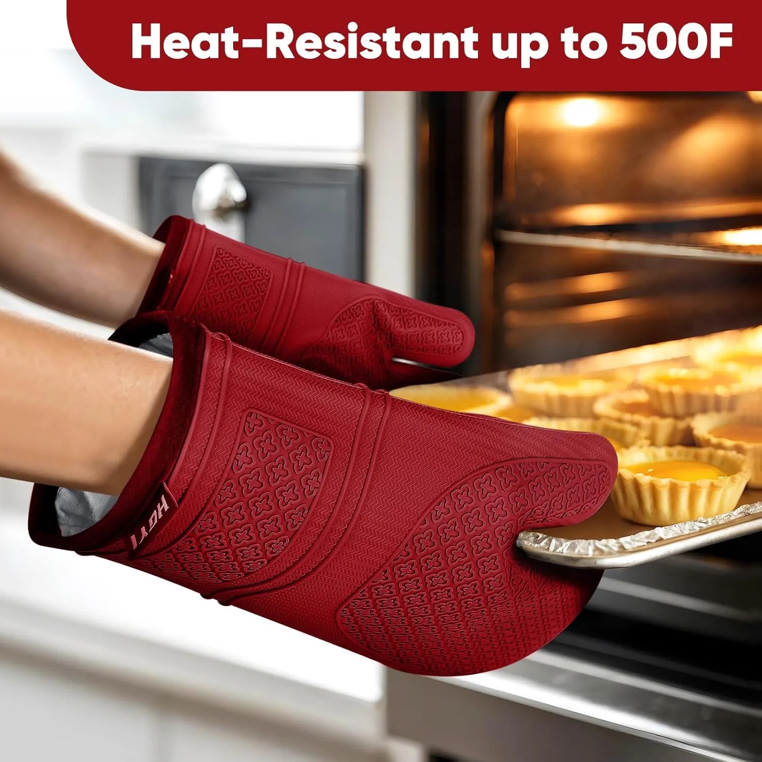 Silicone Oven Mitts, Heat Resistant Oven Gloves with Quilted Liner, Waterproof & Non-Slip Kitchen Mittens for Baking Cooking BBQ, 500°F, 12.5"-Red