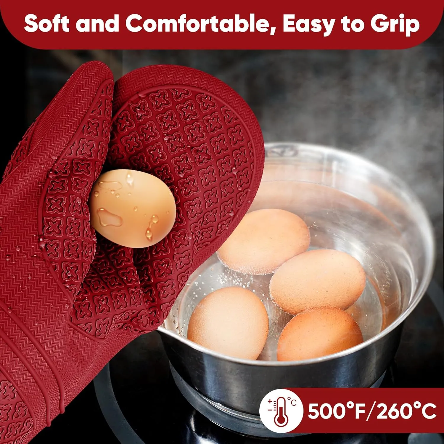 Silicone Oven Mitts, Heat Resistant Oven Gloves with Quilted Liner, Waterproof & Non-Slip Kitchen Mittens for Baking Cooking BBQ, 500°F, 12.5"-Red