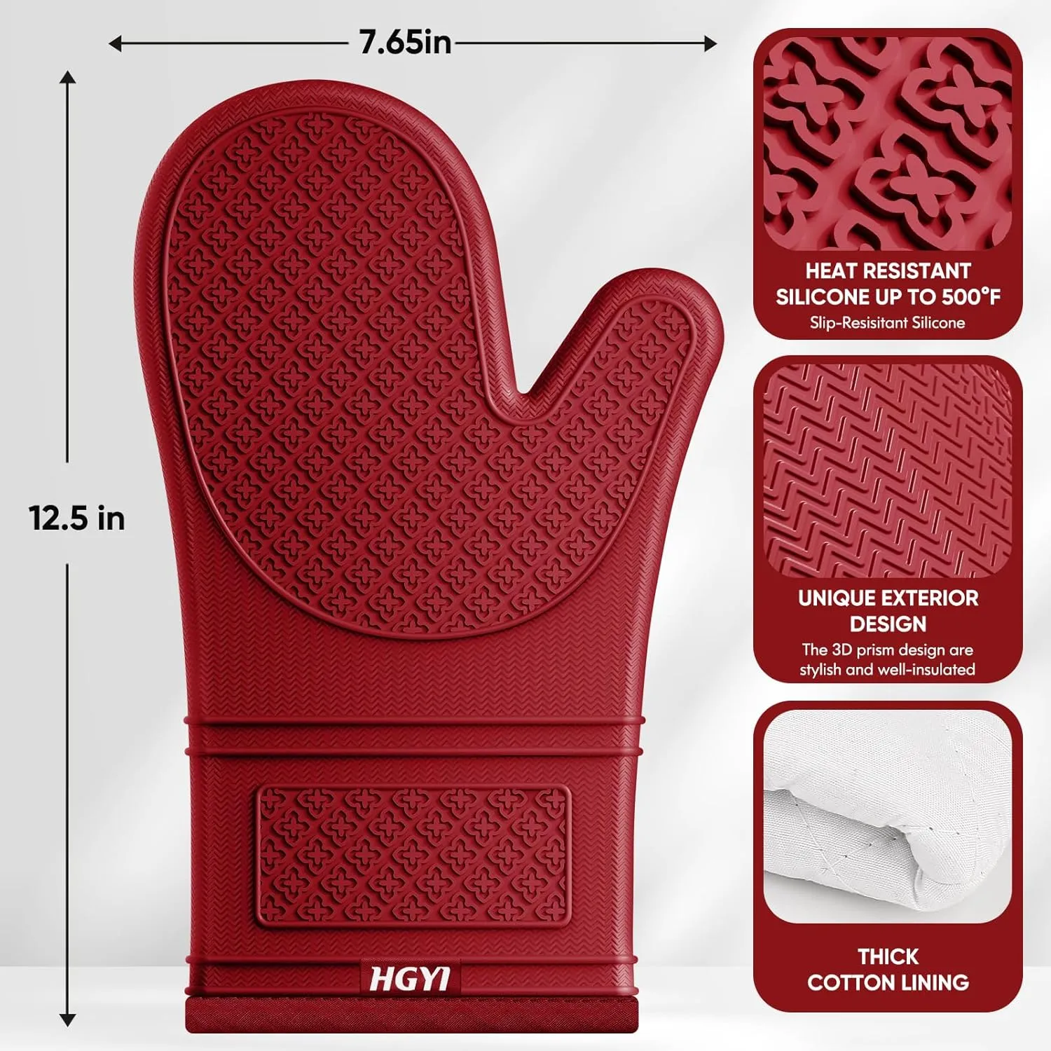 Silicone Oven Mitts, Heat Resistant Oven Gloves with Quilted Liner, Waterproof & Non-Slip Kitchen Mittens for Baking Cooking BBQ, 500°F, 12.5"-Red