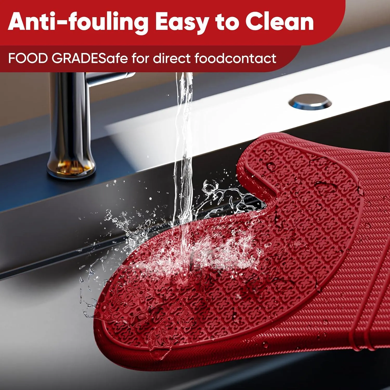Silicone Oven Mitts, Heat Resistant Oven Gloves with Quilted Liner, Waterproof & Non-Slip Kitchen Mittens for Baking Cooking BBQ, 500°F, 12.5"-Red