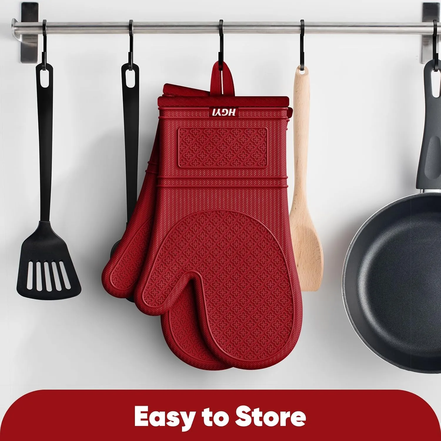 Silicone Oven Mitts, Heat Resistant Oven Gloves with Quilted Liner, Waterproof & Non-Slip Kitchen Mittens for Baking Cooking BBQ, 500°F, 12.5"-Red