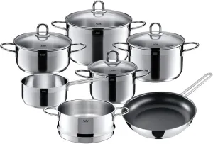 Silit Pot Set 7-Piece Diamant Pouring Rim Glass Lid Stainless Steel Polished Suitable for Induction Hobs Dishwasher-Safe