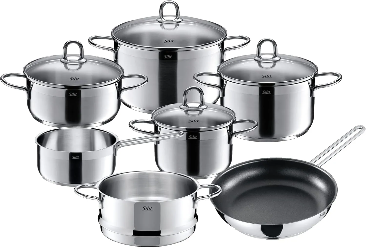 Silit Pot Set 7-Piece Diamant Pouring Rim Glass Lid Stainless Steel Polished Suitable for Induction Hobs Dishwasher-Safe