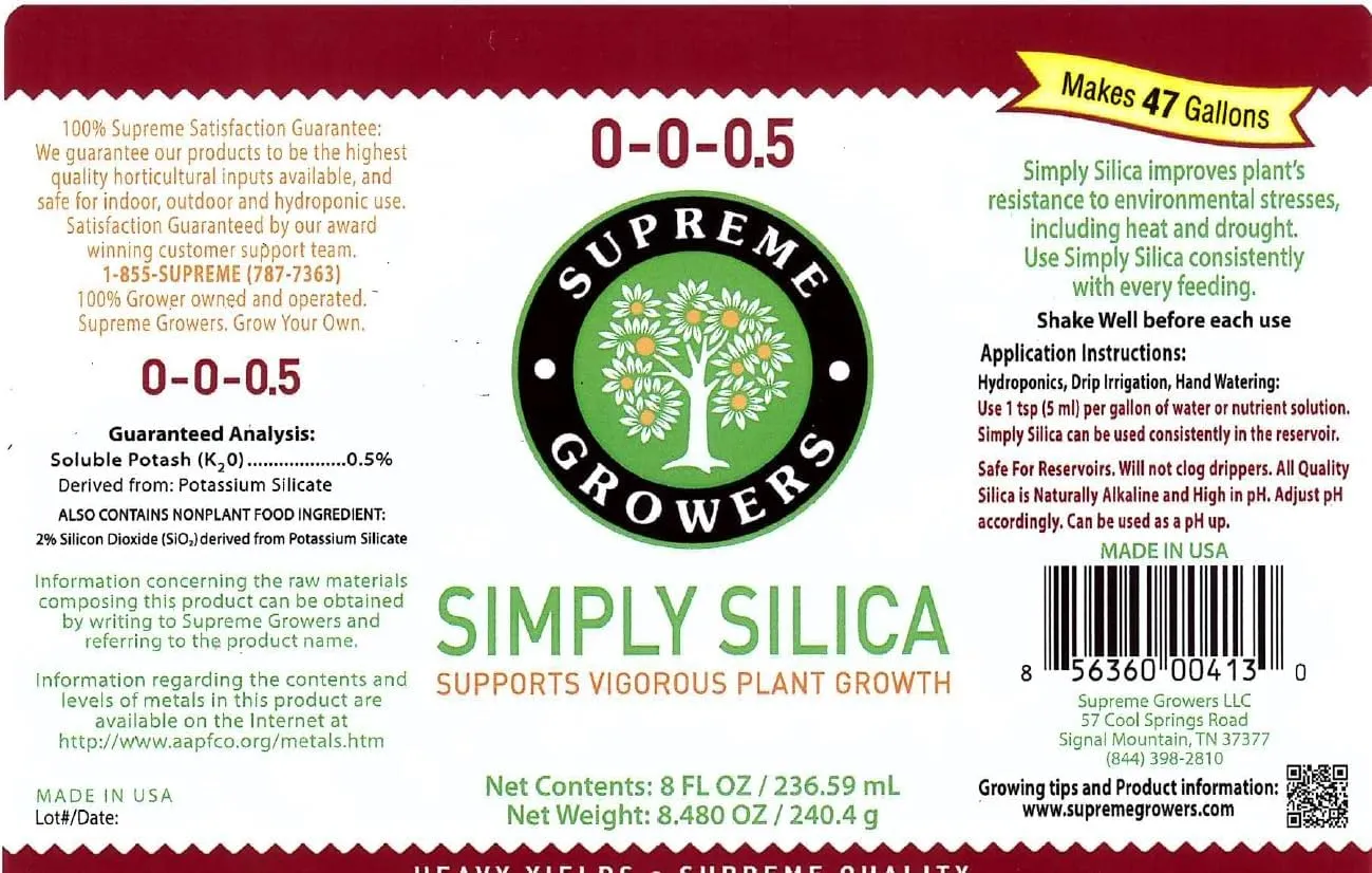 Simply Silica 8oz Concentrate Makes 47 Gallons by Supreme Growers Potassium Silicate Liquid Fertilizer Promotes Growth of Strong Plant Tissues Improves Natural Resistance to Environmental Stresses