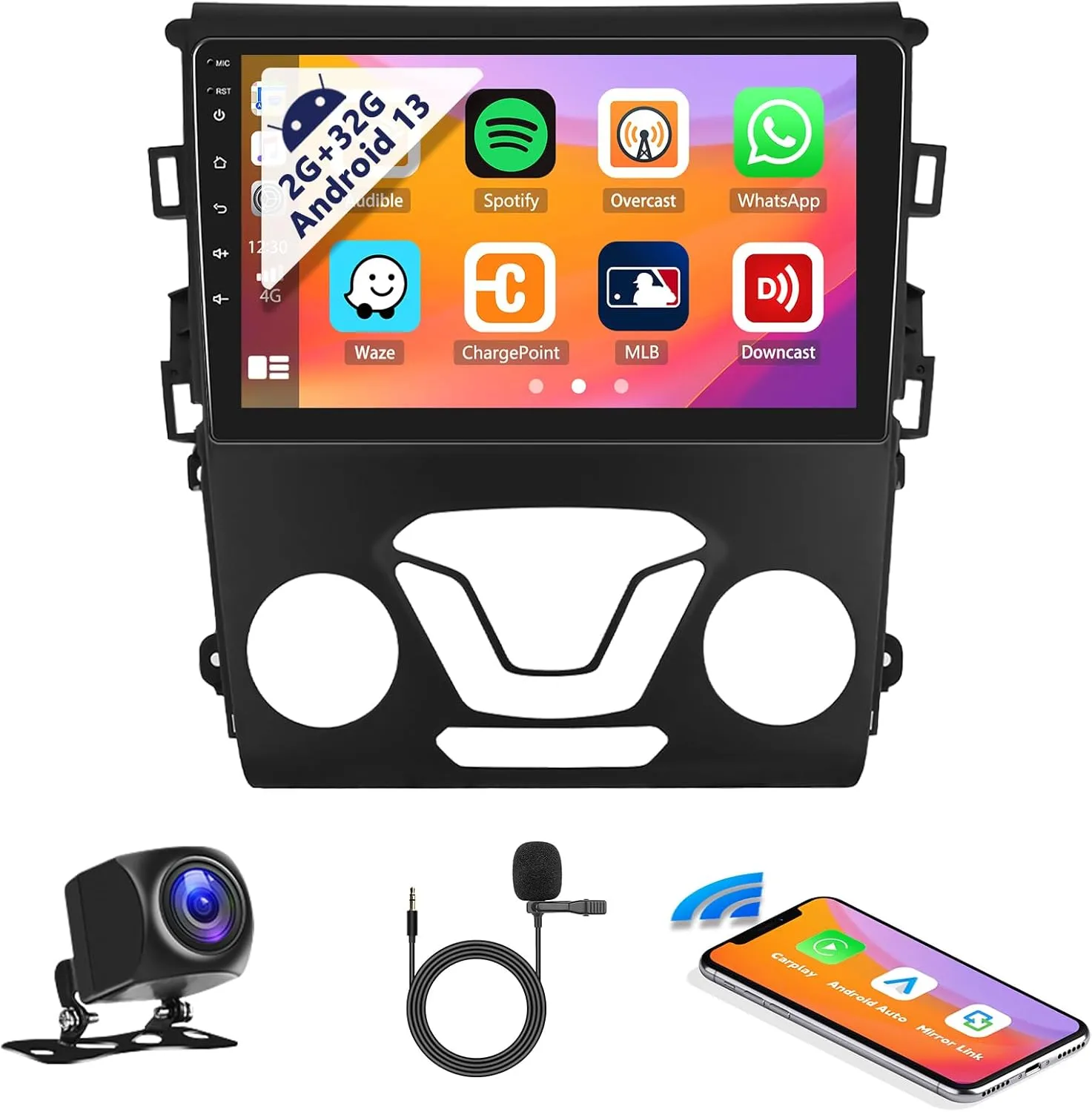 SIXWIN Android 13 Car Radio for Ford Mondeo 2013-2019 with Wireless Apple Carplay Android Auto Mirror Link 2G 32G Bluetooth 9 inch Touchscreen with GPS Navigation WiFi EQ FM Backup Camera MIC