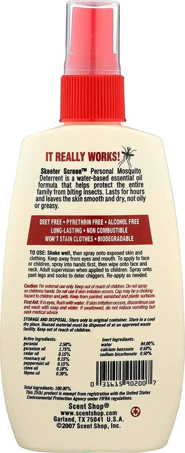 Skeeter Screen 90200 Mosquito Deterrent Spray – DEET-Free Essential Oil Blend – 4 Fl Oz Pump – Safe for Skin & Clothes – Non-Staining, Alcohol-Free – Cedar, Peppermint, Rosemary, Thyme