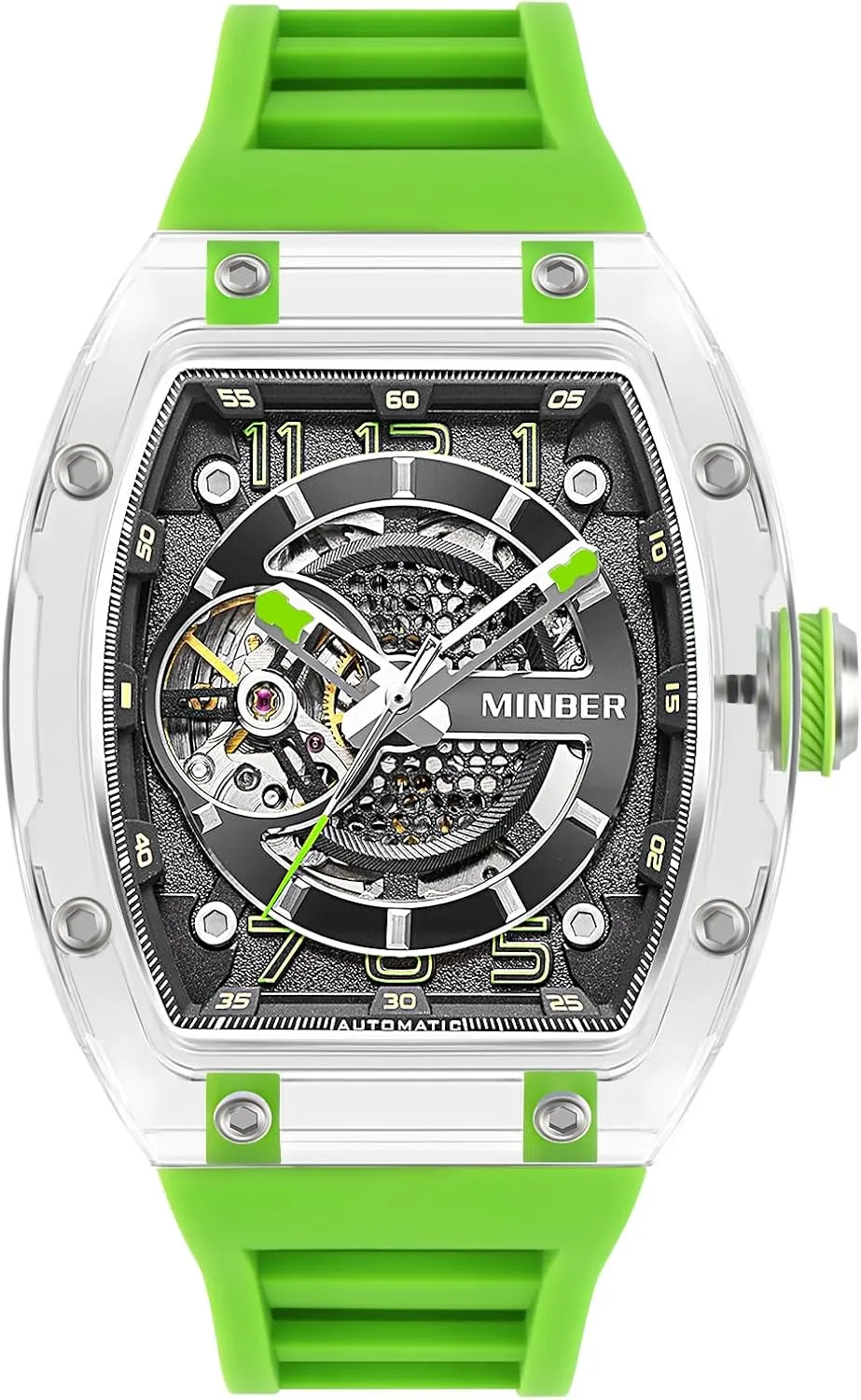 Skeleton Automatic Watch, 43mm Dial with Luminous Hands, Self Winding Watch, 3 ATM Waterproof, Business Casual Sporty Design Men's Watch, with Rubber Strap