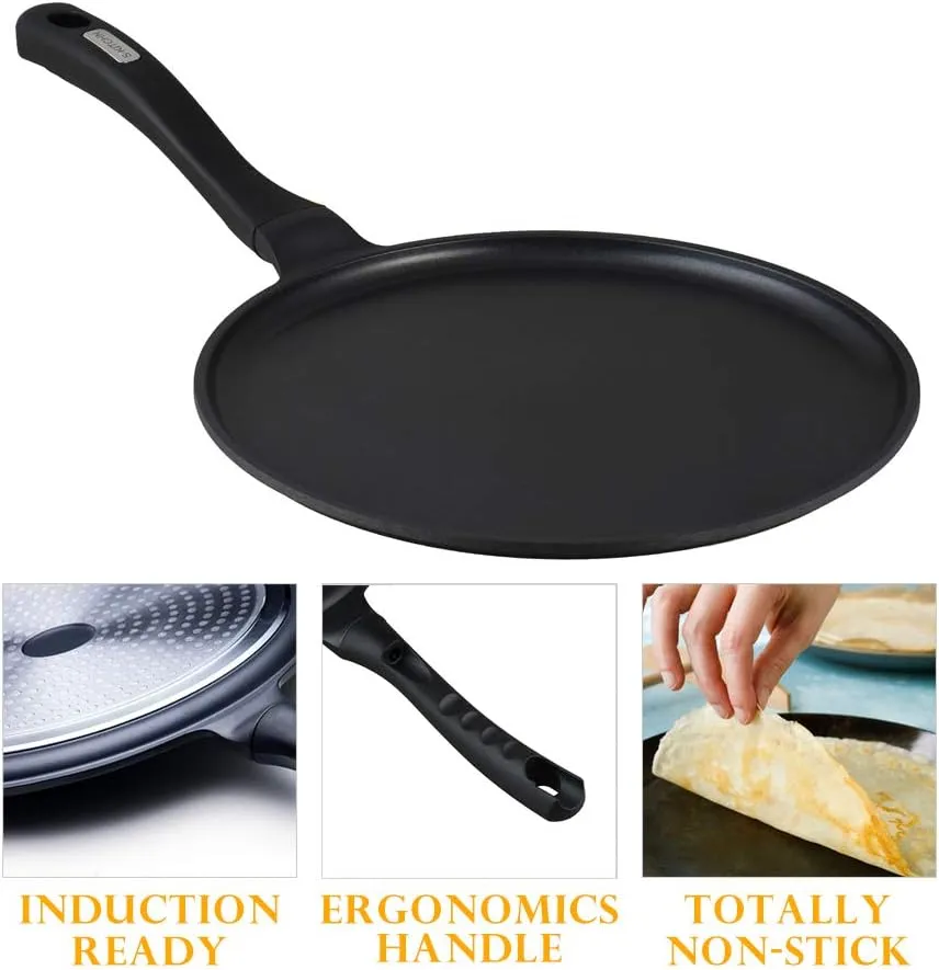 SKITCHN Crepe Pan - Nonstick Dosa Pan for Roti, Indian, Pancake Griddle - Induction Compatible, Tortilla Comal - 11IN