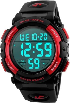 SKMEI Mens Waterproof Sports Watch Digital Silicone Band Large Number Display LED Military Wrist Watch (Red)