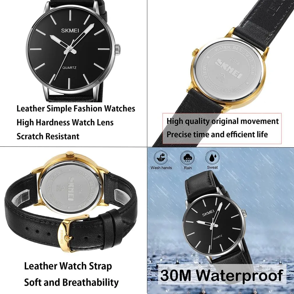 SKMEI Watches for Men Black Leather Fashion Business Dress Classic Casual Simple Analog Waterproof Elegant Dad Fathers Gifts Gold Wrist Watch