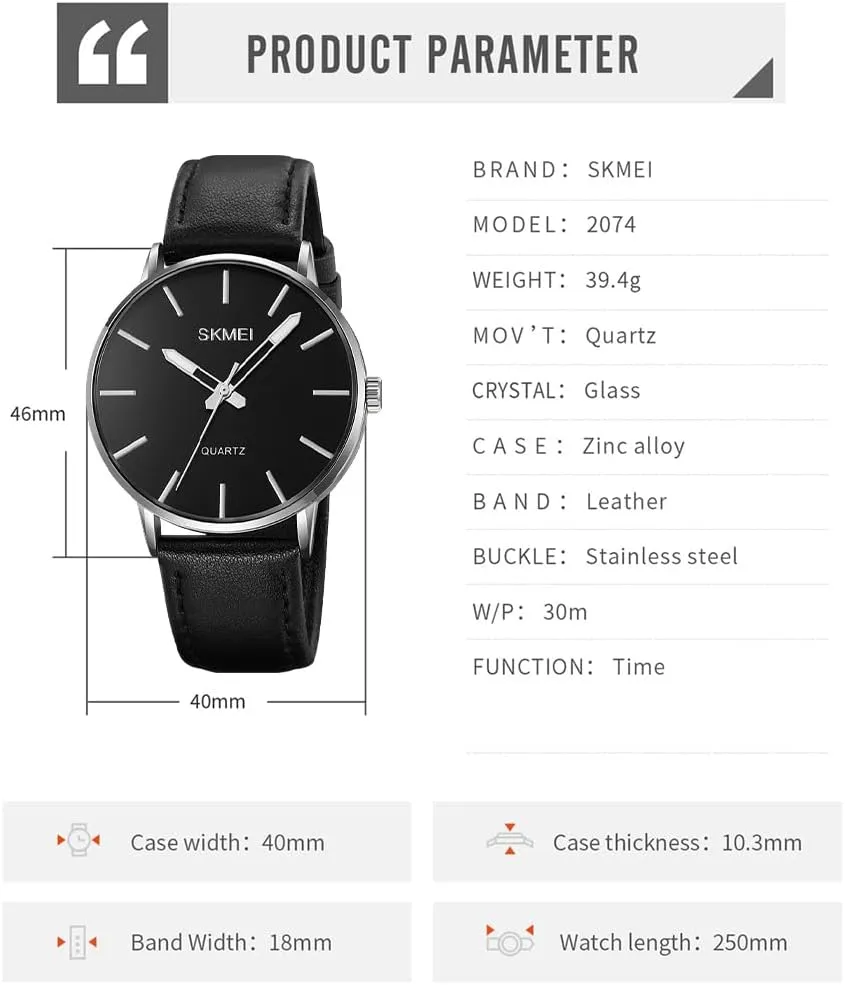 SKMEI Watches for Men Black Leather Fashion Business Dress Classic Casual Simple Analog Waterproof Elegant Dad Fathers Gifts Gold Wrist Watch