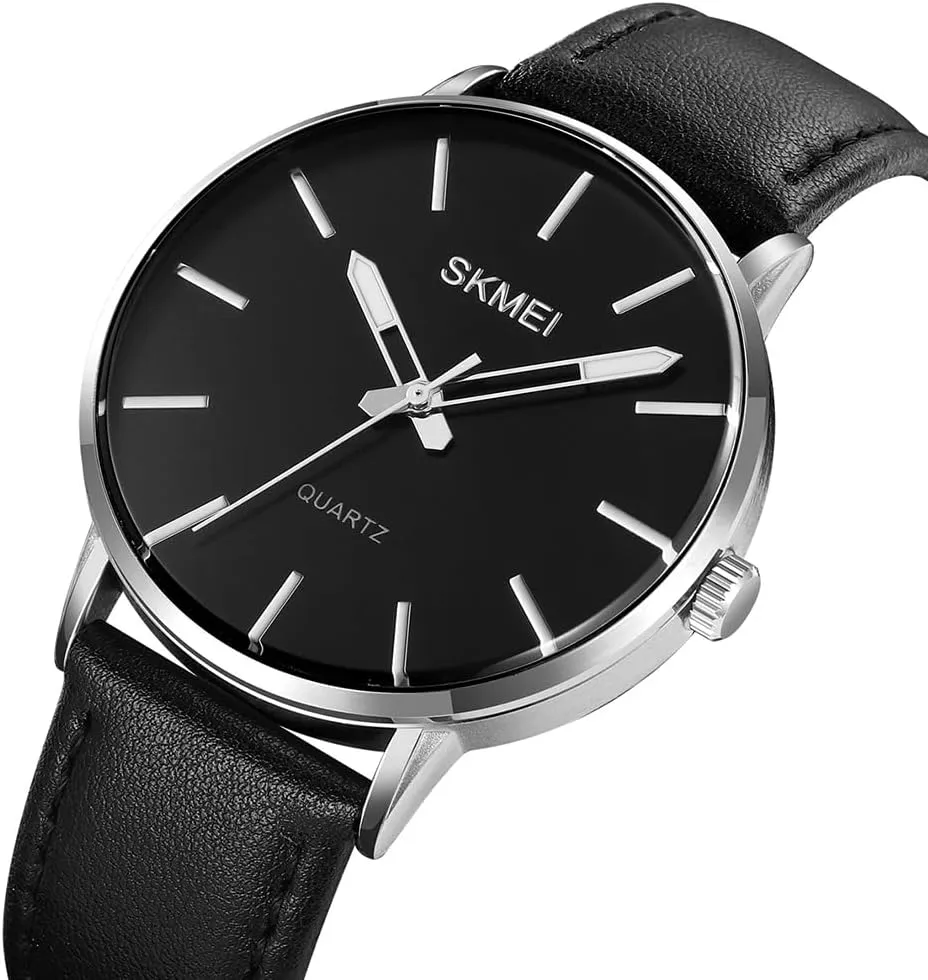 SKMEI Watches for Men Black Leather Fashion Business Dress Classic Casual Simple Analog Waterproof Elegant Dad Fathers Gifts Gold Wrist Watch