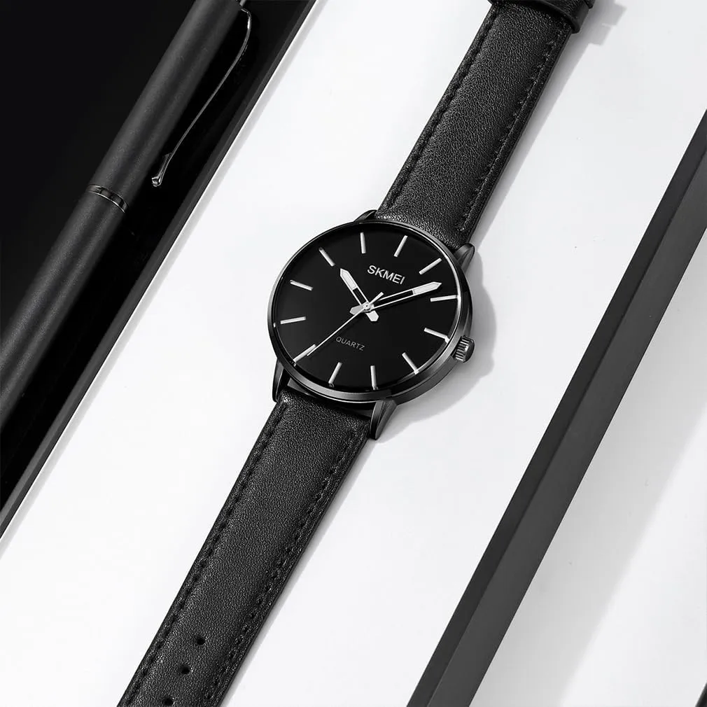SKMEI Watches for Men Black Leather Fashion Business Dress Classic Casual Simple Analog Waterproof Elegant Dad Fathers Gifts Gold Wrist Watch