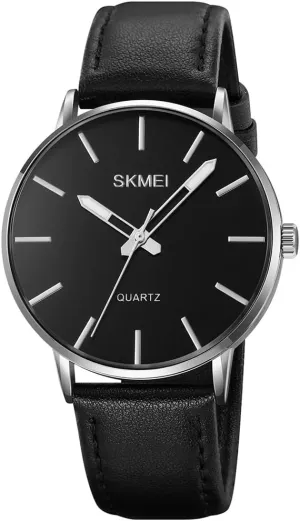 SKMEI Watches for Men Black Leather Fashion Business Dress Classic Casual Simple Analog Waterproof Elegant Dad Fathers Gifts Gold Wrist Watch