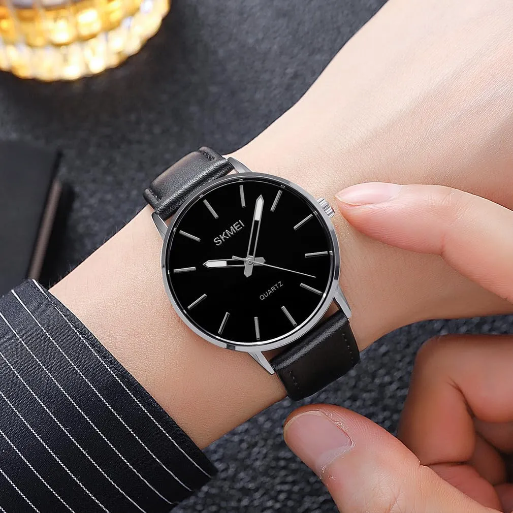 SKMEI Watches for Men Black Leather Fashion Business Dress Classic Casual Simple Analog Waterproof Elegant Dad Fathers Gifts Gold Wrist Watch