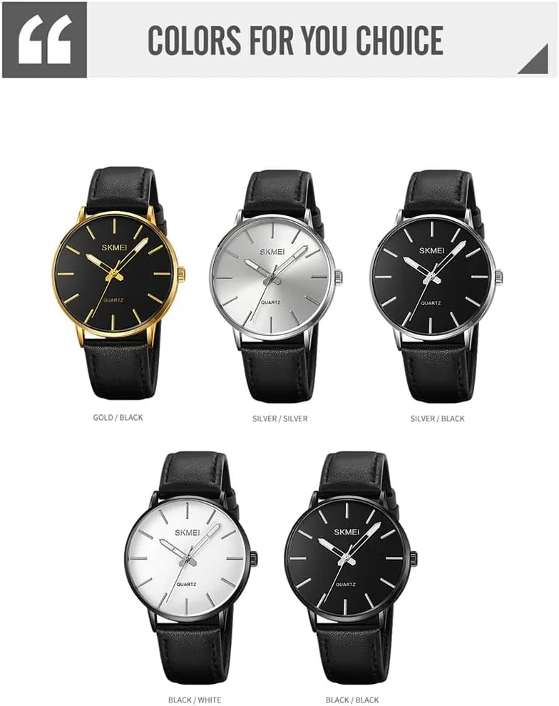 SKMEI Watches for Men Black Leather Fashion Business Dress Classic Casual Simple Analog Waterproof Elegant Dad Fathers Gifts Gold Wrist Watch