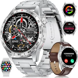 Smart Watch for Men (3 Straps),Answer/Make Calls,1.43'' AMOLED,IP68 Waterproof,110  Sports Modes Fitness Watch with Sleep Monitor/SpO2/Heart Rate/Pedometer Rugged Smart Watch for Android/iOS Silver