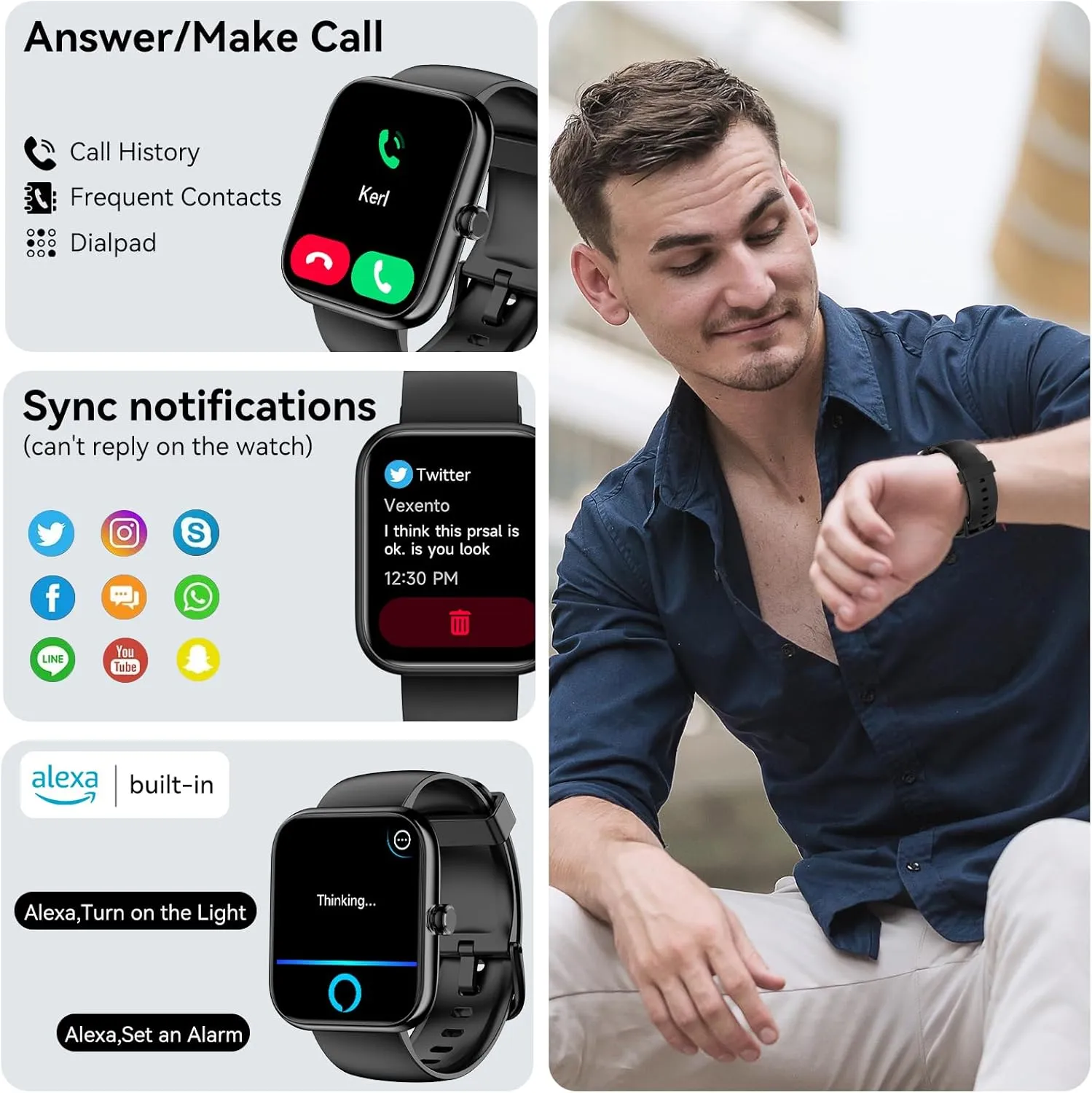 Smart Watch with Alexa Built-in, 1.83" HD Touchscreen, Bluetooth Call/Make Calls, IP68 Waterproof Fitness Tracker with 120  Sport Modes, 24/7 Heart Rate & Sleep Monitor for iOS/Android (Black)