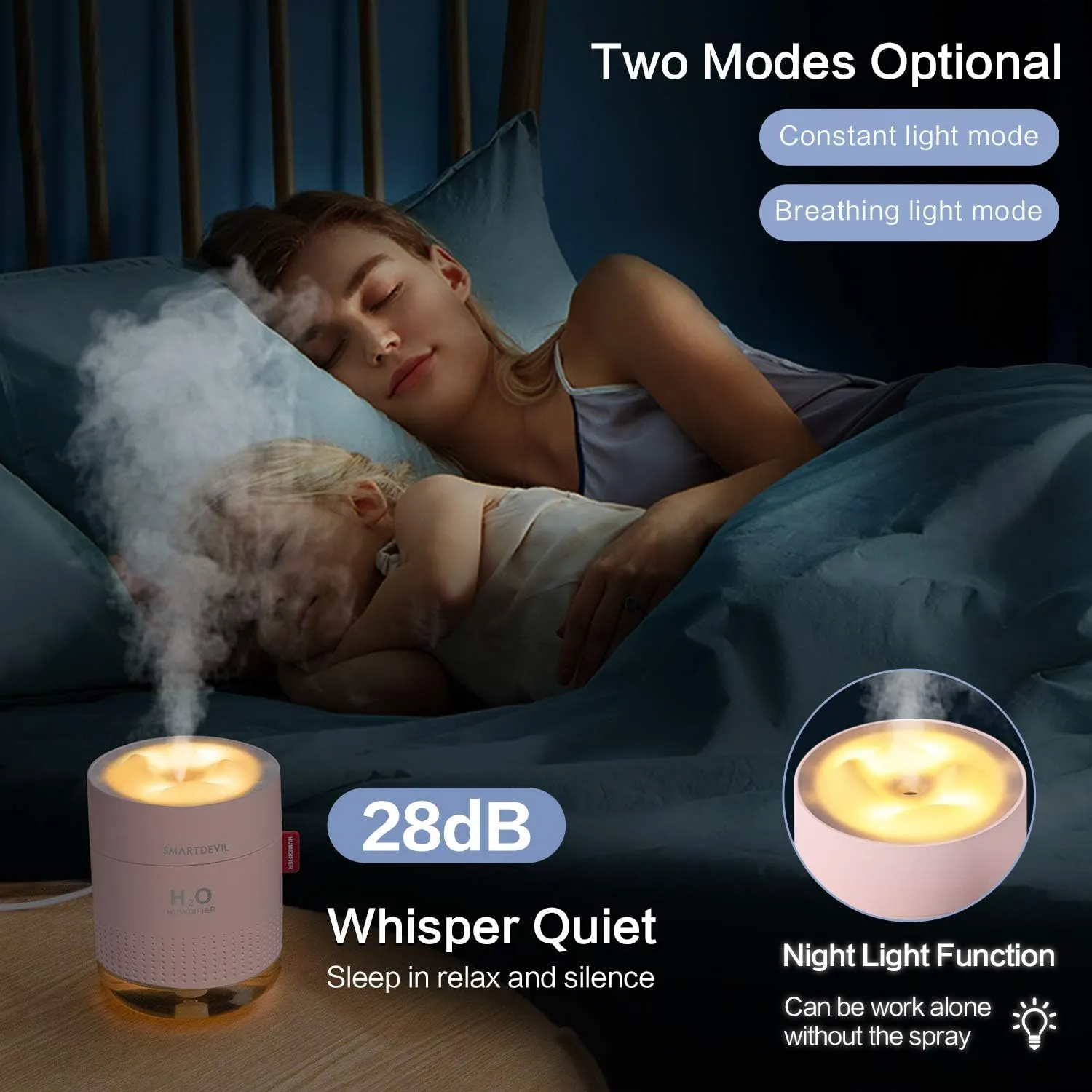 SmartDevil Small Humidifiers, 500ml Desk Humidifiers, Whisper-Quiet Operation, Night Light Function, Two Spray Modes,Auto Shut-Off for Bedroom, Babies Room, Office, Home (Pink)