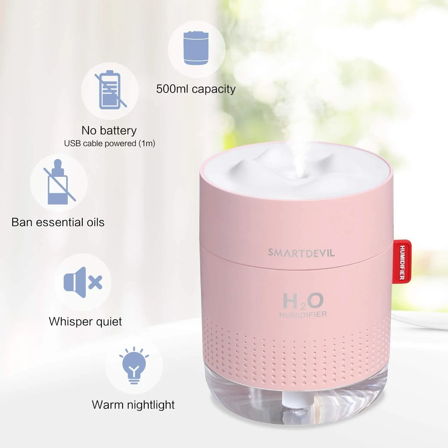 SmartDevil Small Humidifiers, 500ml Desk Humidifiers, Whisper-Quiet Operation, Night Light Function, Two Spray Modes,Auto Shut-Off for Bedroom, Babies Room, Office, Home (Pink)