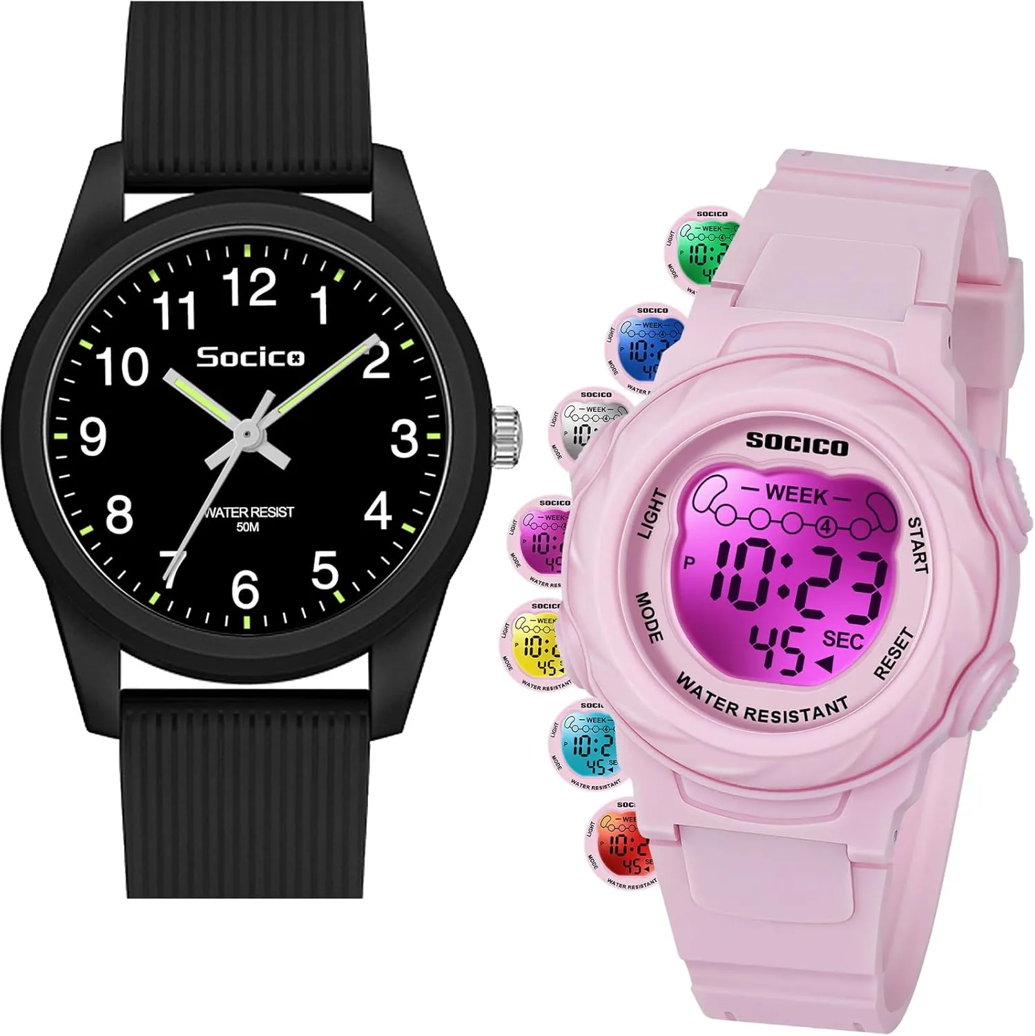 SOCICO Kids Watches for Boys & Girls – Digital 7 Color Lights, Stopwatch, Alarm & Analog Easy Time Learning – 50M Waterproof, Soft Durable Bands, Great Gift for Ages 4-12