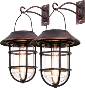 Solar Lantern Outdoor Hanging Solar Lights, Waterproof Metal Outdoor Lights with Clear Glass, LED Edison Bulbs Cordless Decorative Aluminum Wall Lantern with Hooks, Bronze