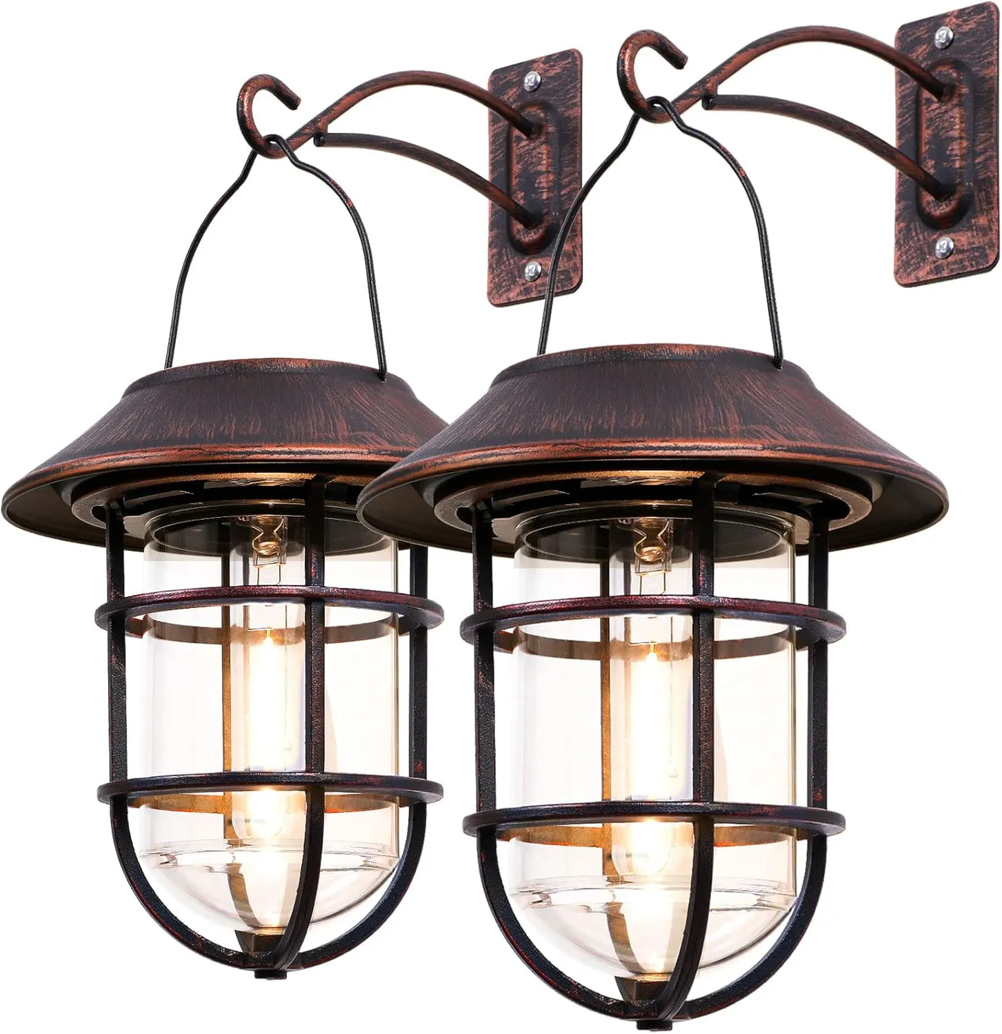 Solar Lantern Outdoor Hanging Solar Lights, Waterproof Metal Outdoor Lights with Clear Glass, LED Edison Bulbs Cordless Decorative Aluminum Wall Lantern with Hooks, Bronze