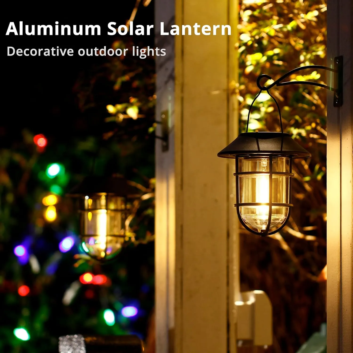 Solar Lantern Outdoor Hanging Solar Lights, Waterproof Metal Outdoor Lights with Clear Glass, LED Edison Bulbs Cordless Decorative Aluminum Wall Lantern with Hooks, Bronze