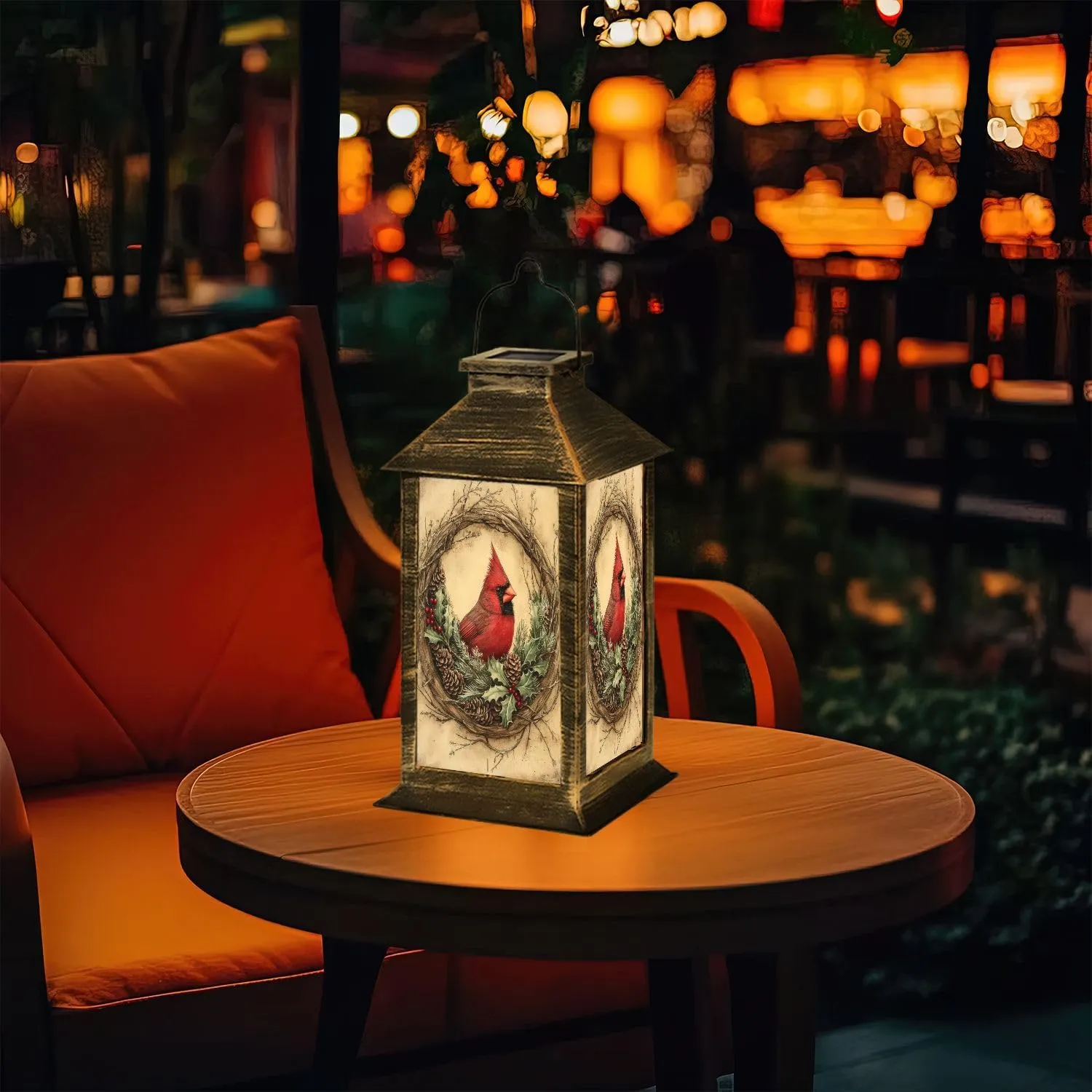 Solar Lantern Painterly Cardinal Crimson Evergreen Timeless Decor Outdoor Waterproof Garden Hanging Lantern Solar Powered Lighting Outside Table Lamp for Patio Deck Camping 1 Pack