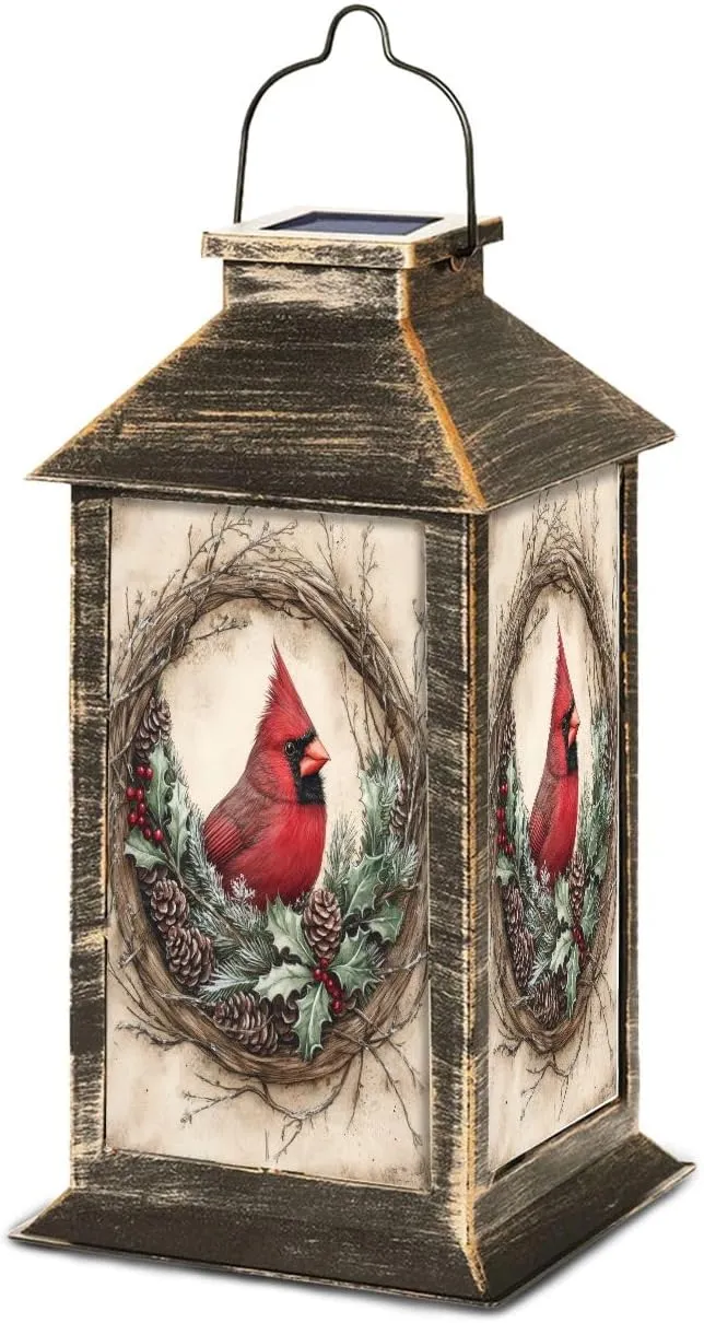 Solar Lantern Painterly Cardinal Crimson Evergreen Timeless Decor Outdoor Waterproof Garden Hanging Lantern Solar Powered Lighting Outside Table Lamp for Patio Deck Camping 1 Pack