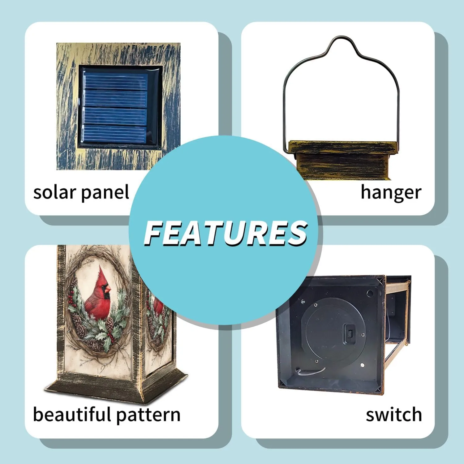Solar Lantern Painterly Cardinal Crimson Evergreen Timeless Decor Outdoor Waterproof Garden Hanging Lantern Solar Powered Lighting Outside Table Lamp for Patio Deck Camping 1 Pack