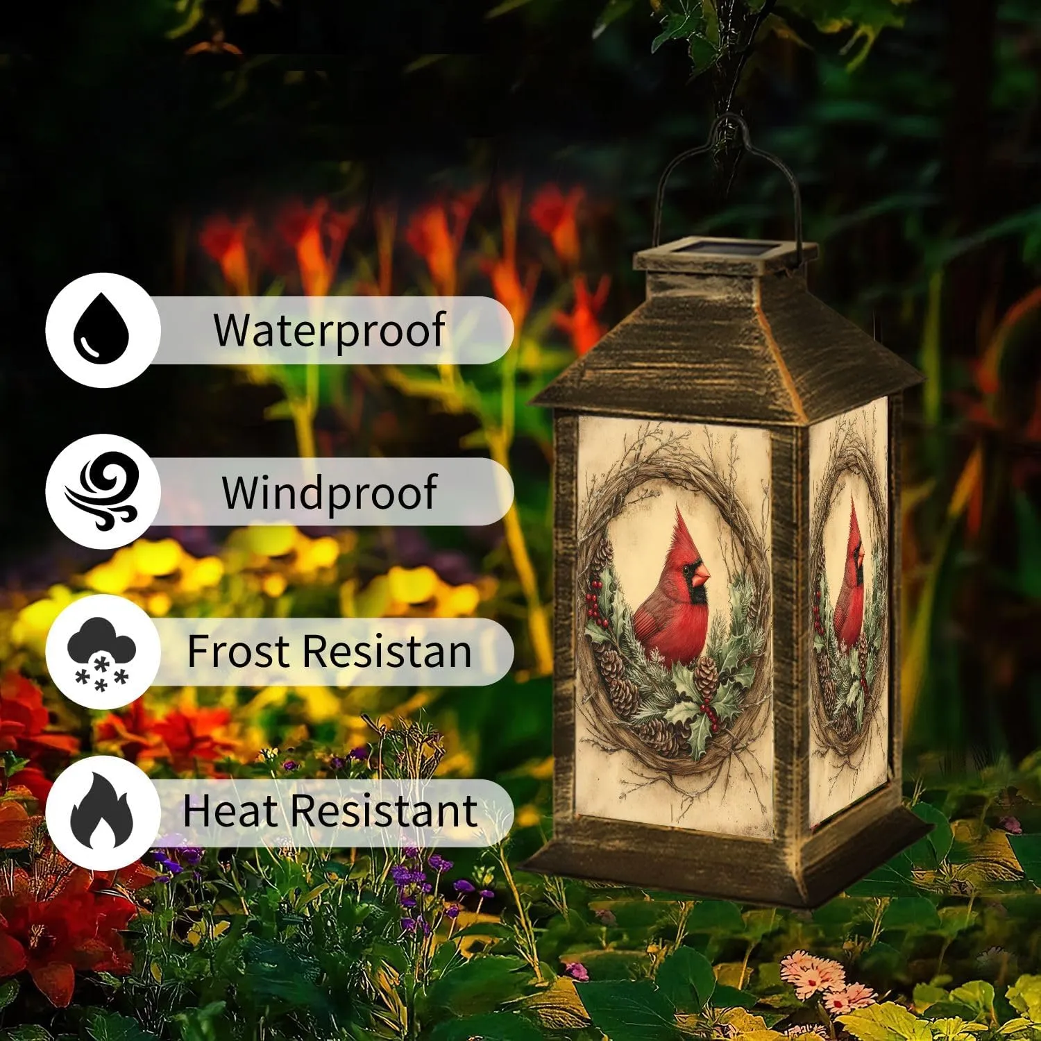 Solar Lantern Painterly Cardinal Crimson Evergreen Timeless Decor Outdoor Waterproof Garden Hanging Lantern Solar Powered Lighting Outside Table Lamp for Patio Deck Camping 1 Pack