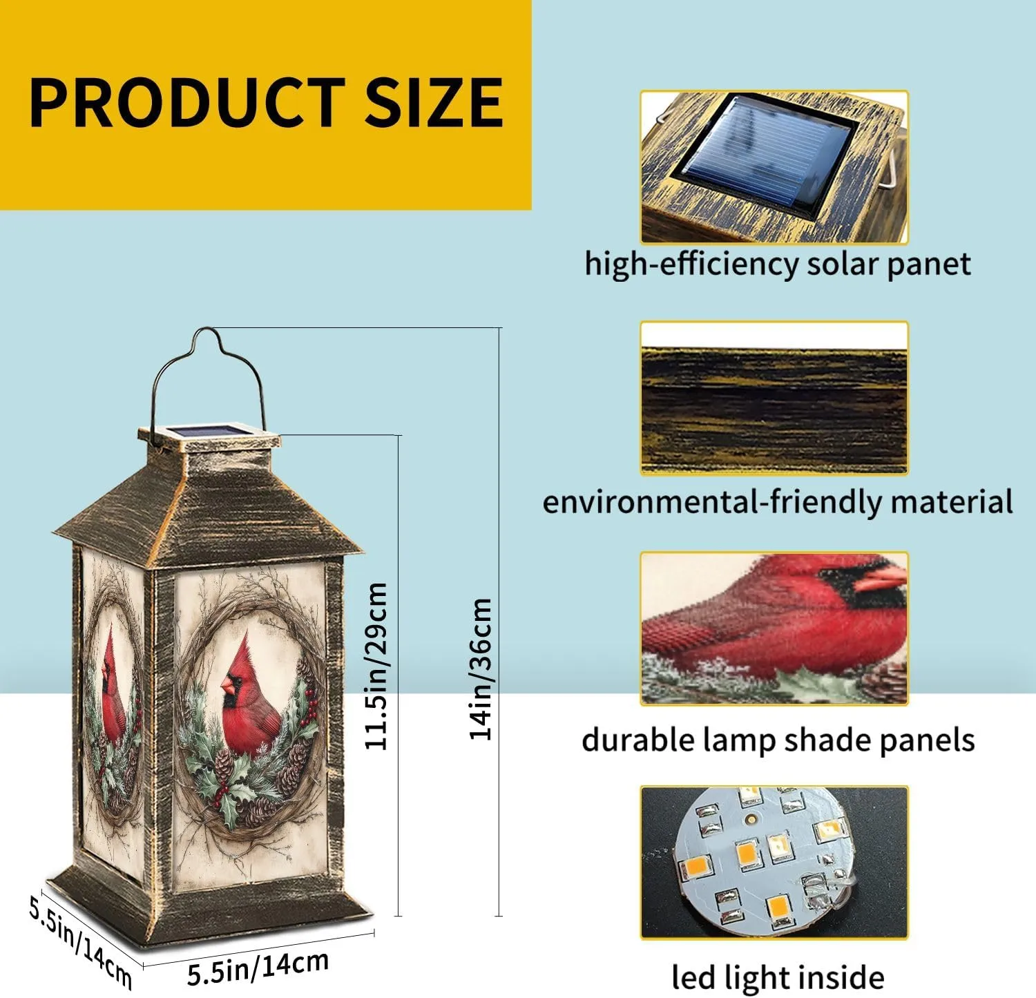Solar Lantern Painterly Cardinal Crimson Evergreen Timeless Decor Outdoor Waterproof Garden Hanging Lantern Solar Powered Lighting Outside Table Lamp for Patio Deck Camping 1 Pack