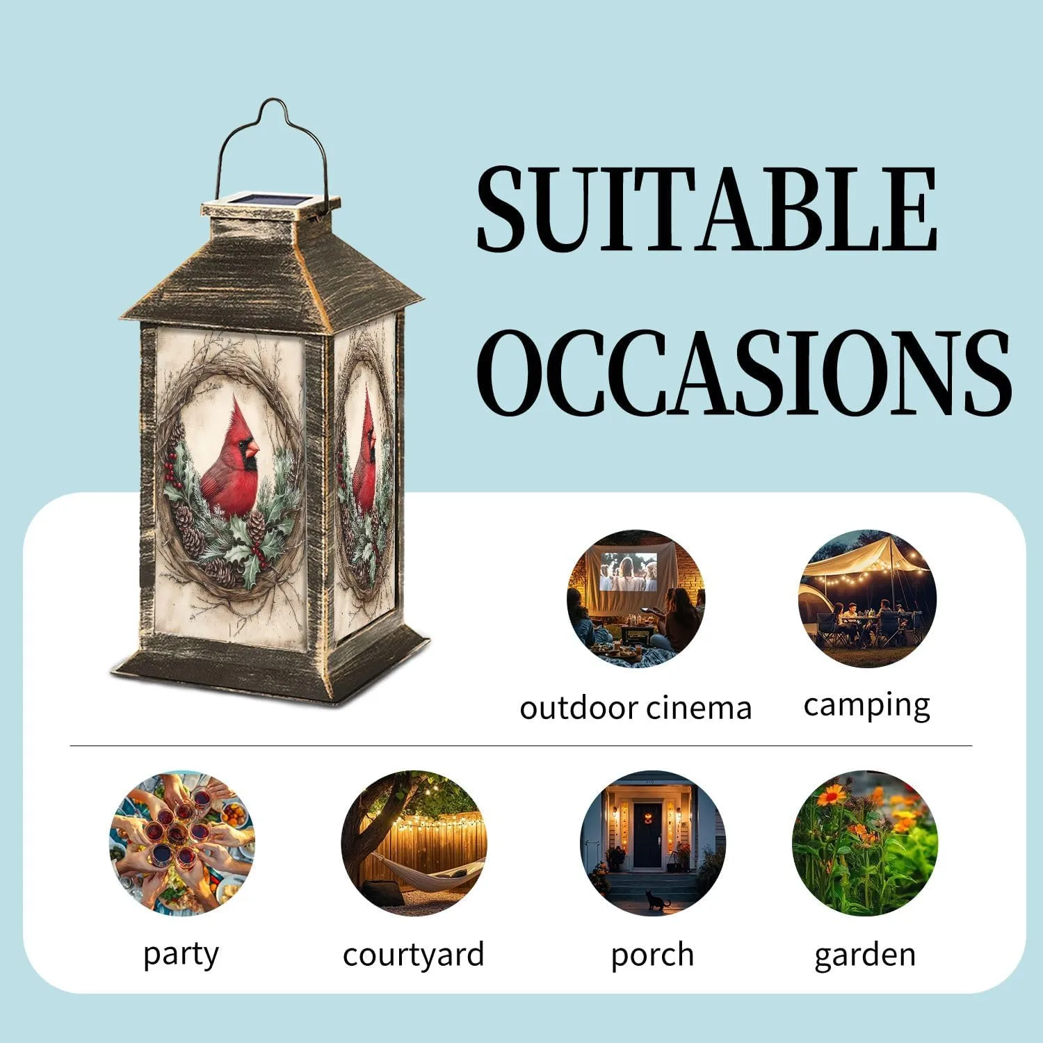 Solar Lantern Painterly Cardinal Crimson Evergreen Timeless Decor Outdoor Waterproof Garden Hanging Lantern Solar Powered Lighting Outside Table Lamp for Patio Deck Camping 1 Pack