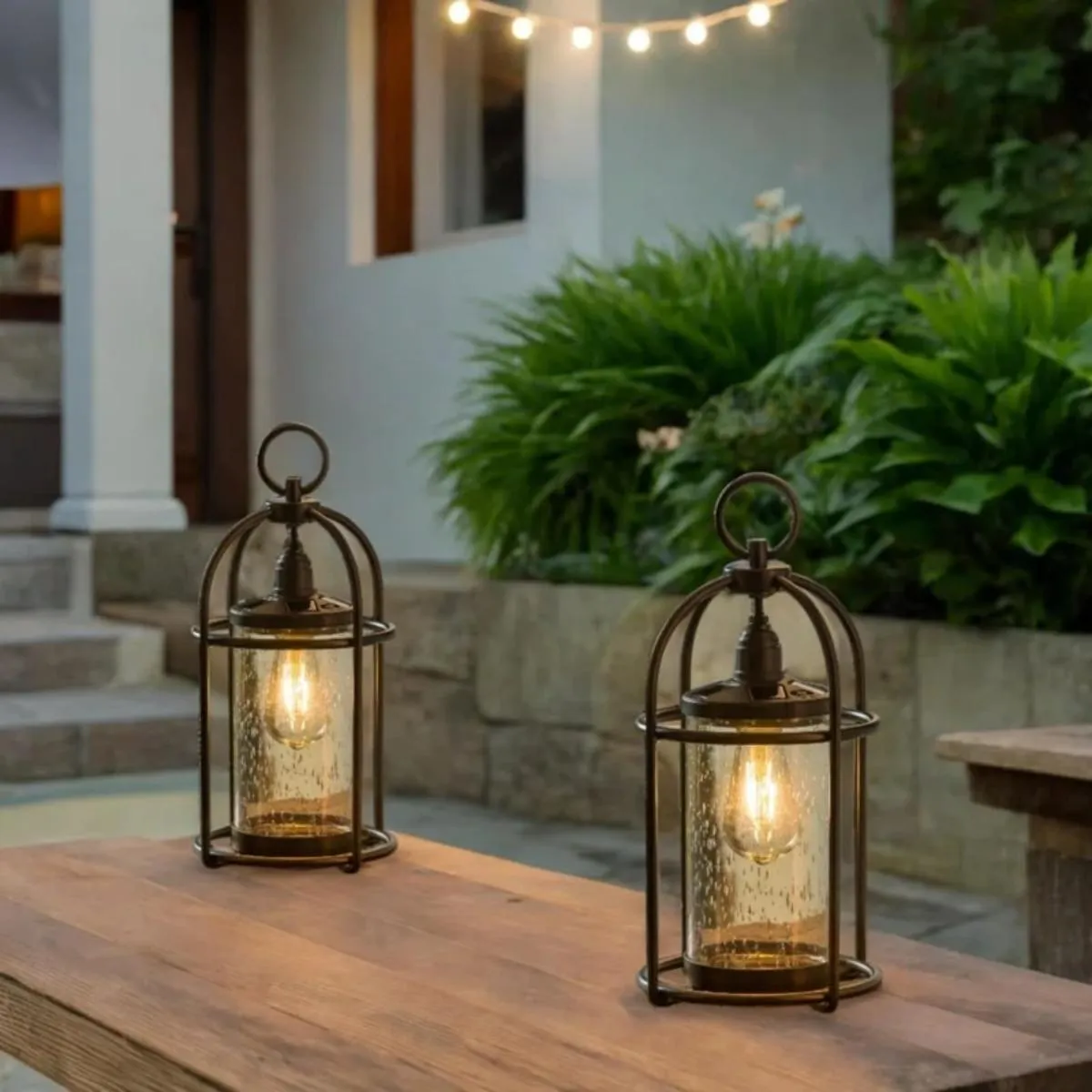 Solar Metal and Bubble Glass Edison Lantern