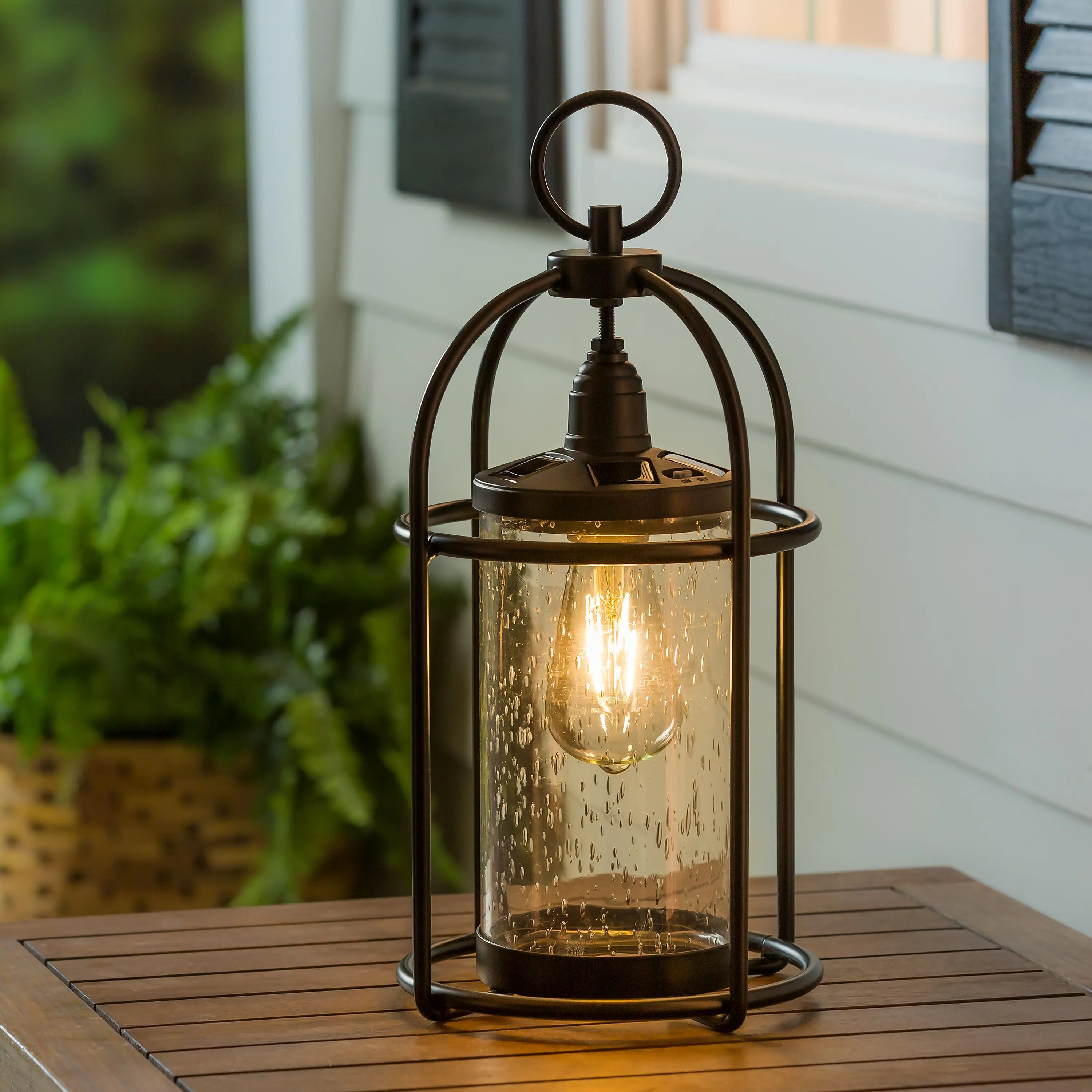 Solar Metal and Bubble Glass Edison Lantern