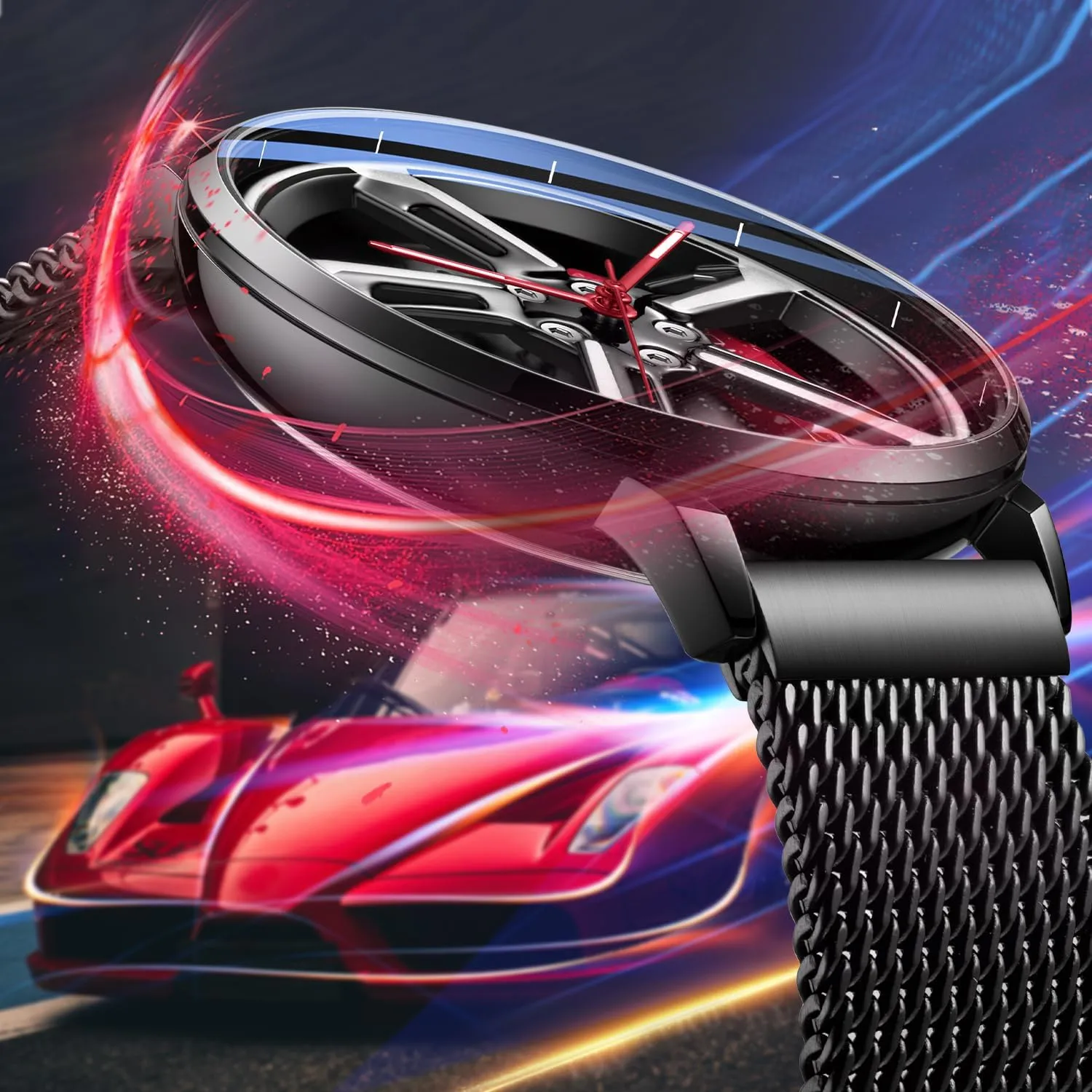 SOLLEN Car Watches for Men, Spinning Car Wheel Rim Watch, Casual Waterproof Men's Wrist Watch with Japanese Quartz & Luminous Function, Gift for Adults, Car Enthusiast - 42.5mm