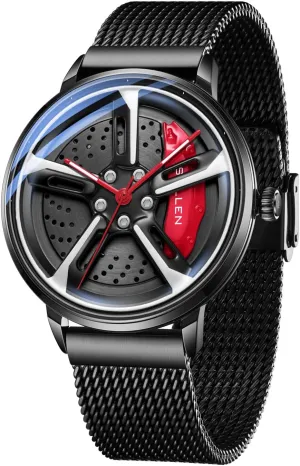 SOLLEN Car Watches for Men, Spinning Car Wheel Rim Watch, Casual Waterproof Men's Wrist Watch with Japanese Quartz & Luminous Function, Gift for Adults, Car Enthusiast - 42.5mm