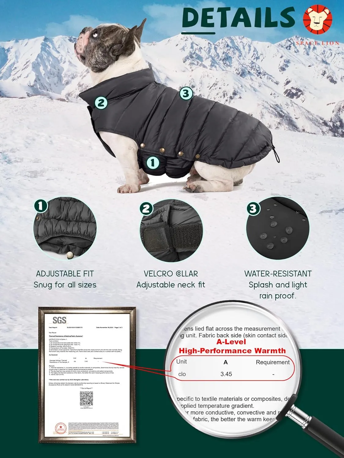 SPACE LION Puffer Jacket, Down Winter Coat, Waterproof, Windproof, Lightweight Jacket, Adjustable Fit Dog Coat for Small, Medium Dogs(Black,M)